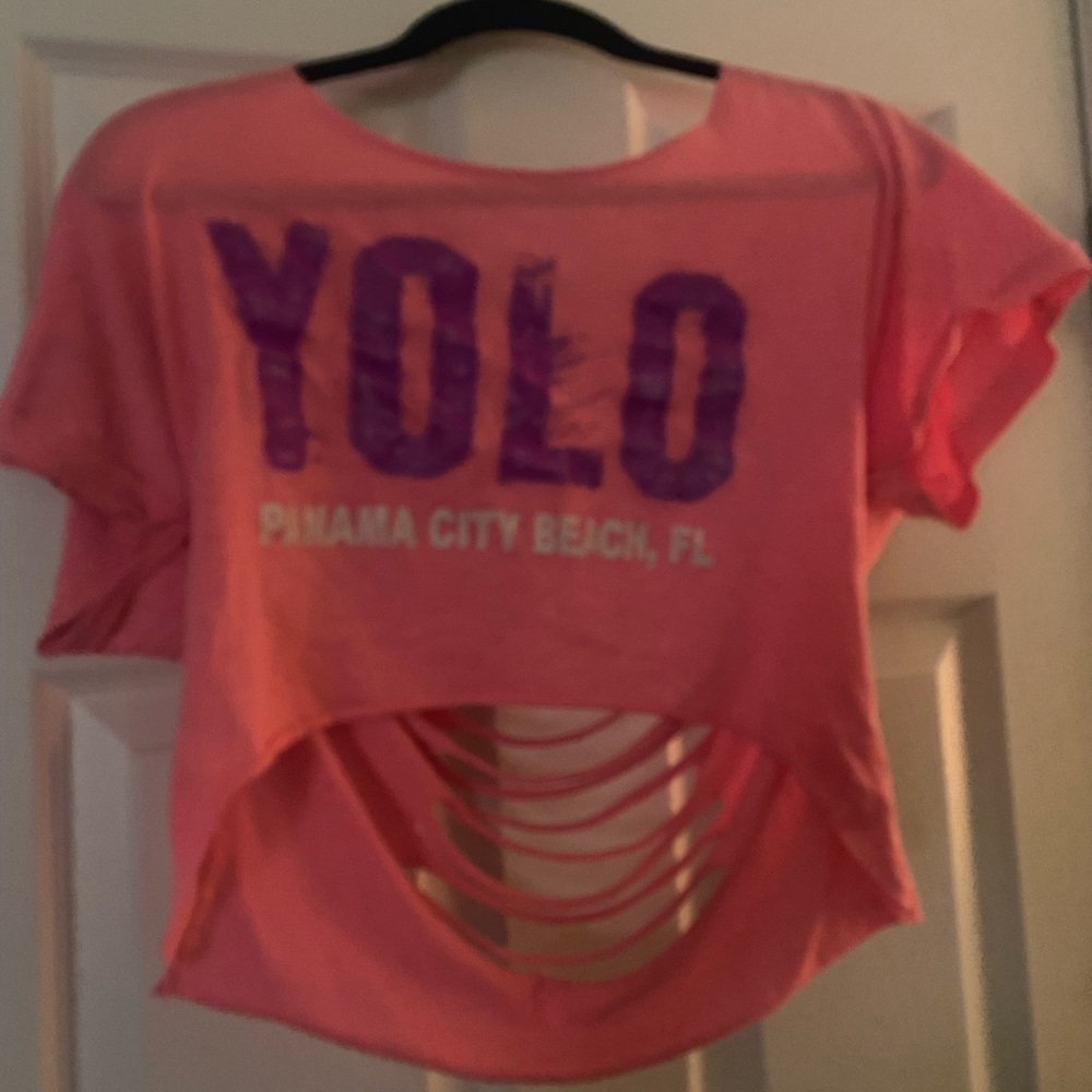 super cute pink tank top, womens Small, shredded on the back
